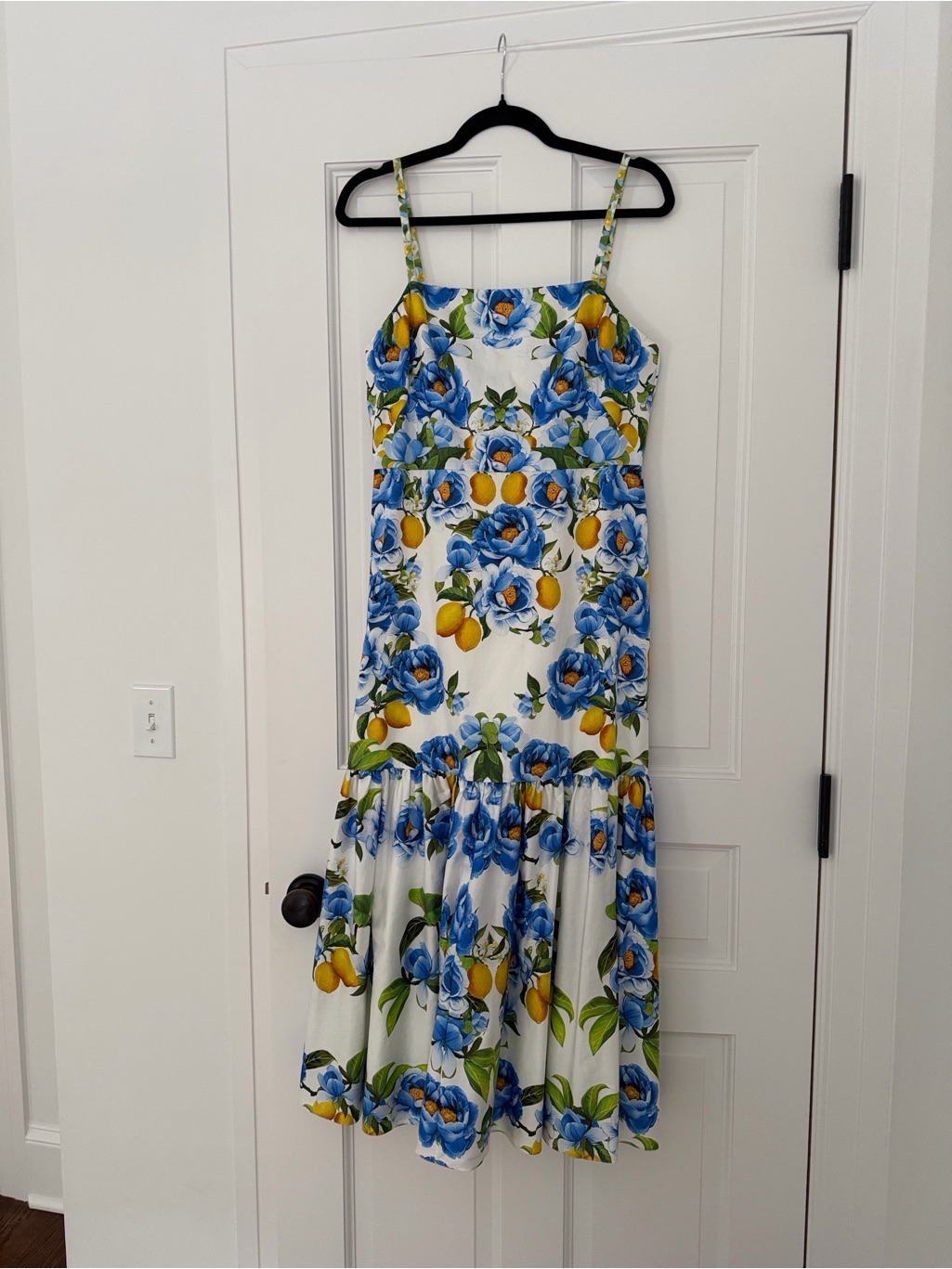 Borgo De Nor White Floral Midi Dress With Blue Roses And Yellow Lemons